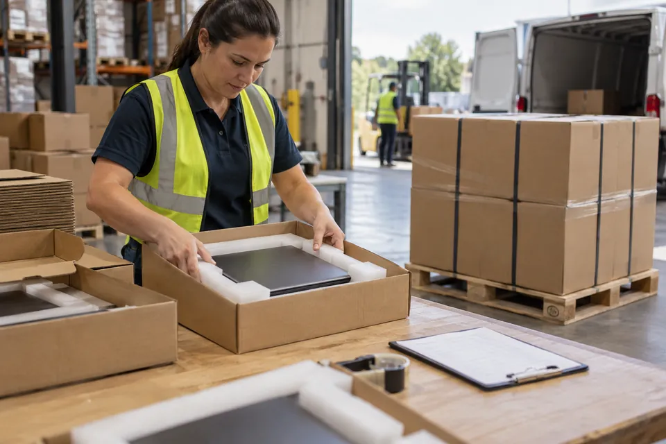 Illustration of protective laptop packing and export dispatch