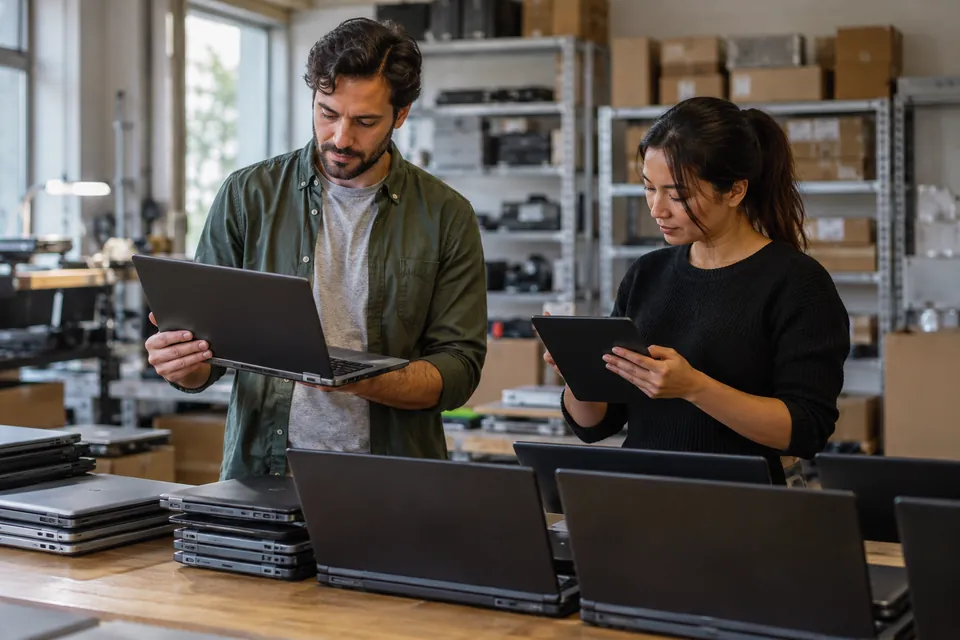 Illustration of partners reviewing a laptop batch and inventory