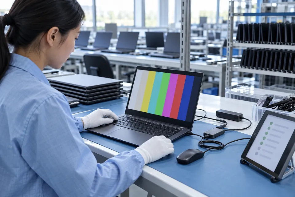Illustration of final display and functionality testing before packing