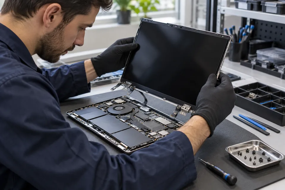 Illustration of a technician replacing a business laptop screen
