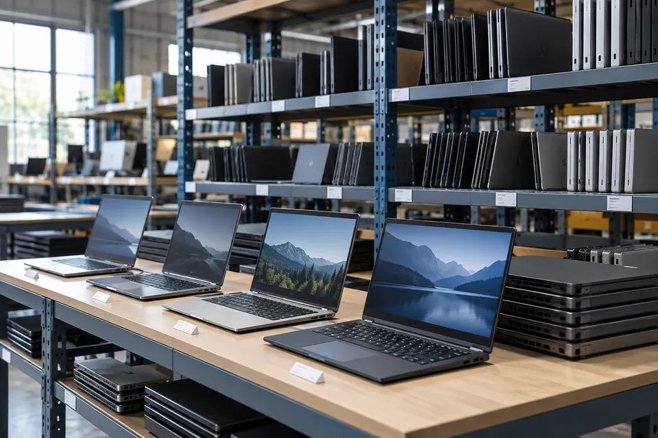 Illustration of graded refurbished laptops ready for wholesale